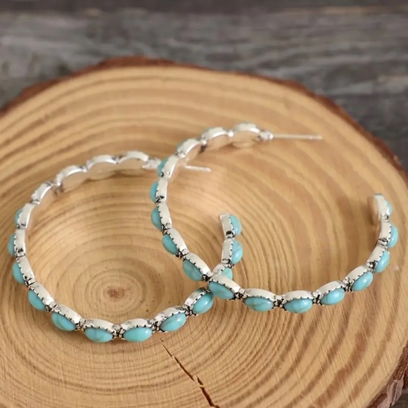 NWOT - Elegant Silver and Turquoise Hoop Earrings - Picture 3 of 6